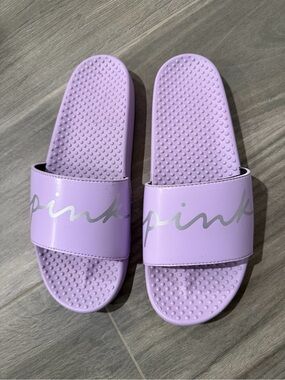 PINK Victoria's Secret Lilac Slide Sandals with Silver Script - Size Large